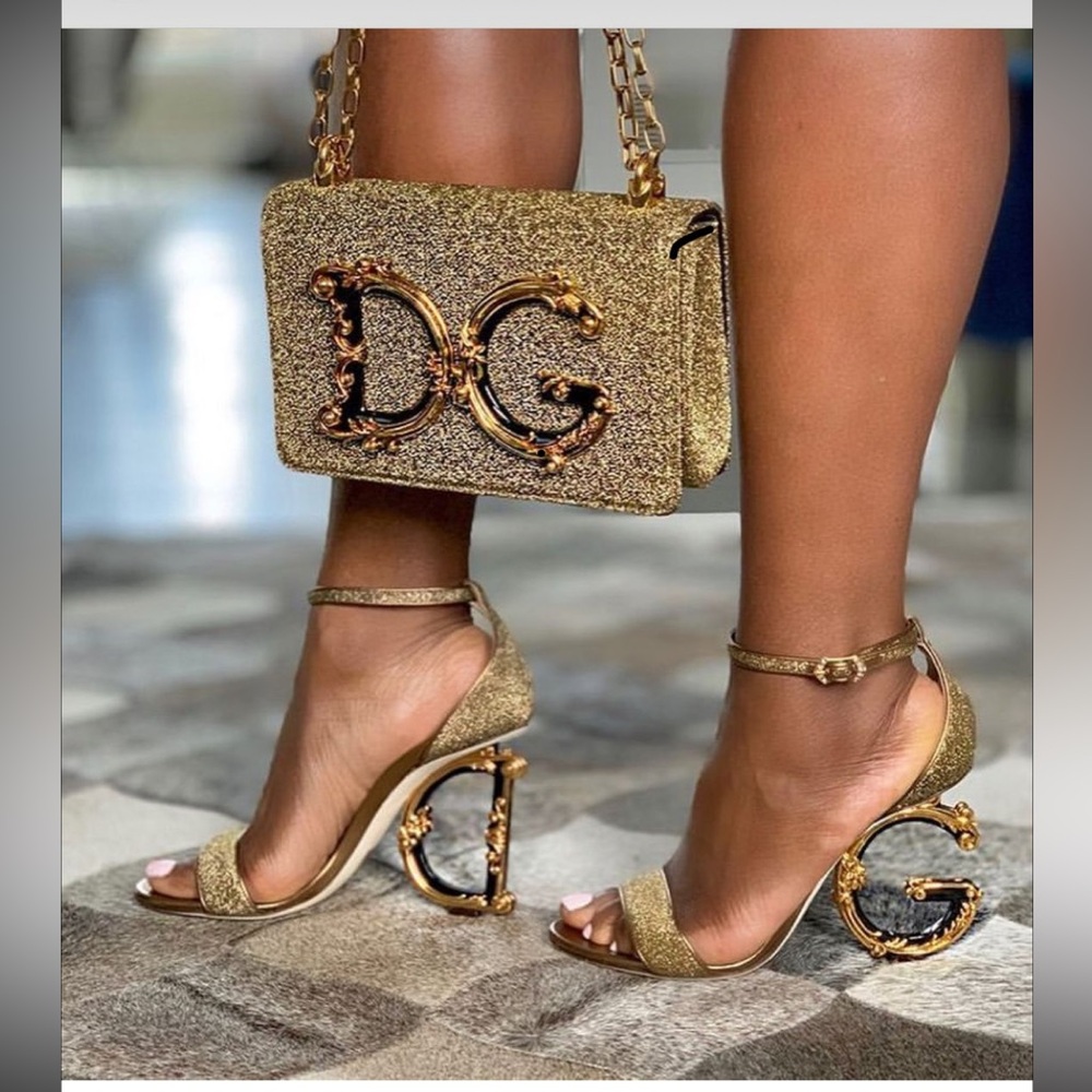 Dolce & Gabbana Keira Baroque Gold Sandal Leather Trim Embellished Heels EU 39